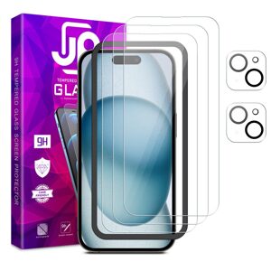 JP Mega Pack Tvrzených skel, 3 skla na telefon s aplikátorem + 2 skla na čočku, iPhone 15 Plus