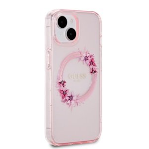 Zadní kryt Guess PC/TPU Flowers Ring Glossy Logo MagSafe pro Apple iPhone 15, růžová