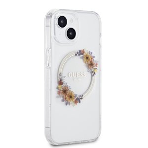Zadní kryt Guess PC/TPU Flowers Ring Glossy Logo MagSafe pro Apple iPhone 15 Plus, transparentní