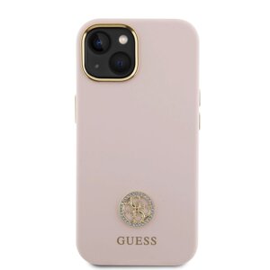 Zadní kryt Guess Liquid Silicone 4G Strass Metal Logo pro Apple iPhone 15, růžová
