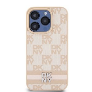 Zadní kryt DKNY PU Leather Checkered Pattern and Stripe pro Apple iPhone 15 Pro, růžová