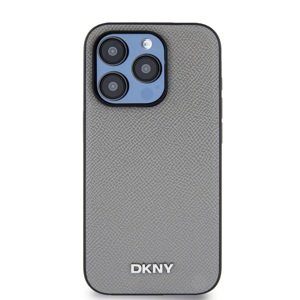 Zadní kryt DKNY PU Leather Silver Metal Logo Magsafe pro Apple iPhone 15 Pro, šedá