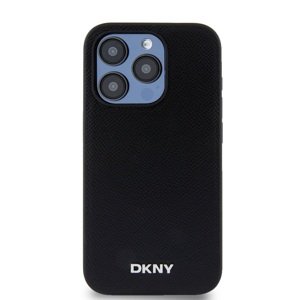 Zadní kryt DKNY PU Leather Silver Metal Logo Magsafe pro Apple iPhone 15 Pro, černá