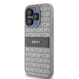 Zadní kryt DKNY PU Leather Repeat Pattern Tonal Stripe pro Apple iPhone 15 Pro Max, béžová