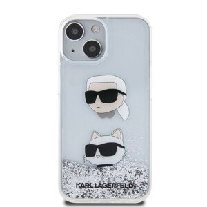 Zadní kryt Karl Lagerfeld Liquid Glitter Karl and Choupette Head pro iPhone 15 Plus, stříbrná