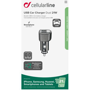 Mini autonabíječka CellularLine Dual Plus s 2xUSB výstupem, 21W/4.2 A max, černá