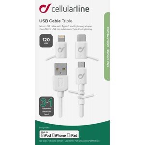 USB kabel CellularLine se 3 adaptéry Lightning+Micro USB+USB-C, bílý