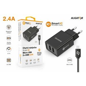 Chytrá síťová nabíječka ALIGATOR 2.4A, 2xUSB, smart IC, Micro USB kabel 2A, černá