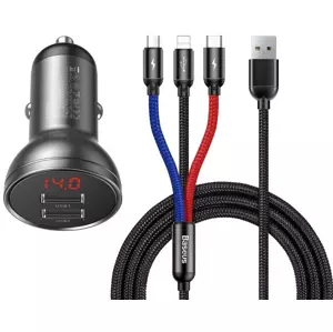 Nabíječka Baseus Digital Display Dual USB 4.8A Car Charger 24W with Three Primary Colors 3-in-1 Cable USB 1.2M Black Suit Grey (6953156215405)