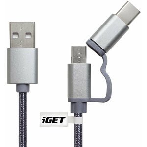 iGET G2V1 USB kabel 2v1, 1m, stříbrný, microUSB i USB-C, prodloužené koncovky - G2V1