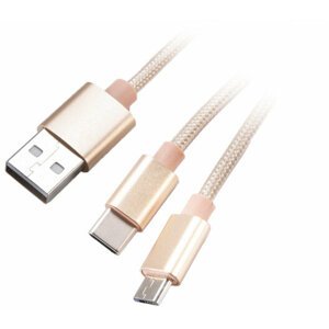 Akasa nabíjecí a synchronizační kabel 2v1 USB-A 2.0 - USB Micro-B, USB-C, opletený, 1.2m, zlatá - AK-CBUB42-12GL