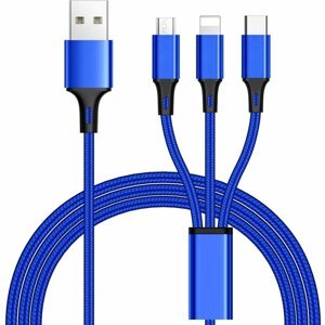 PremiumCord kabel USB 3v1, USB-C, micro USB, Lightning, 1.2m, modrá - ku31pow01