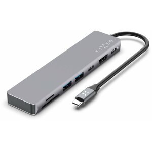 FIXED USB-C hliníkový hub 7v1, PD, 2x USB 3.0, HDMI, USB-C, čtečka SD karet, šedá - FIXHU-CAD-GR
