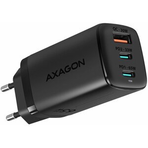AXAGON síťová nabíječka GaN, USB-A, 2x USB-C, PD3.0/QC4+/PPS/Apple, 65W, černá - ACU-DPQ65