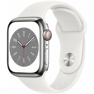 Apple Watch Series 8, Cellular, 41mm, Silver Stainless Steel, White Sport Band - MNJ53CS/A
