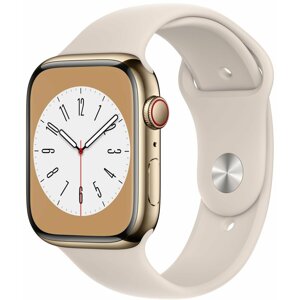 Apple Watch Series 8, Cellular, 45mm, Gold Stainless Steel, Starlight Sport Band - MNKM3CS/A