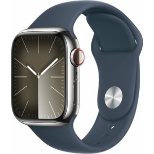 Apple Watch Series 9, Cellular, 41mm, Silver Stainless Steel, Storm Blue Sport Band - S/M - MRJ23QC/A
