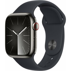 Apple Watch Series 9, Cellular, 41mm, Graphite Stainless Steel, Midnight Sport Band - S/M - MRJ83QC/A
