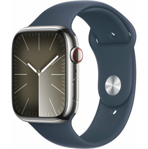 Apple Watch Series 9, Cellular, 45mm, Silver Stainless Steel, Storm Blue Sport Band - S/M - MRMN3QC/A
