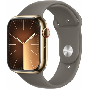 Apple Watch Series 9, Cellular, 45mm, Gold Stainless Steel, Clay Sport Band - S/M - MRMR3QC/A
